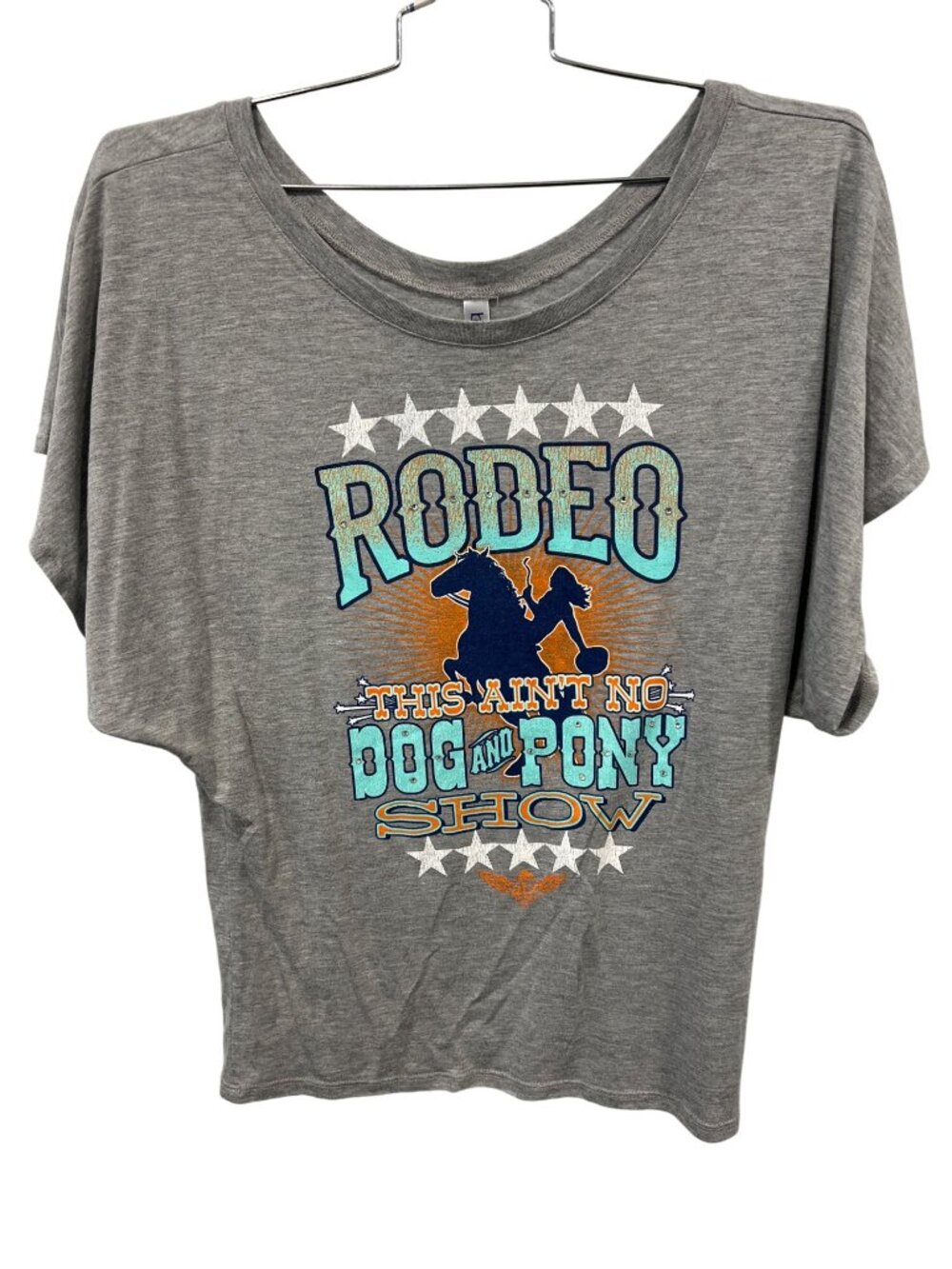 Bella Rodeo Graphic T-Shirt Large Short Dolman Sleeve Gray Multi Western Ranch